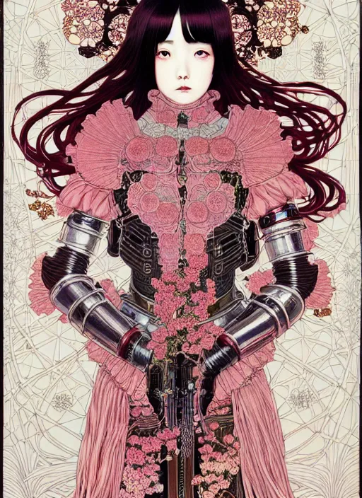 Prompt: highly detailed illustration yoneyama mai, artstation, katsuhiro otomo, fluorescent, fantastic, fate, manga poster of princess mechine, minaba hideo, takato yamamoto, long hair, art nouveau, armor, laces, ruffles, 8 k, maximalist,