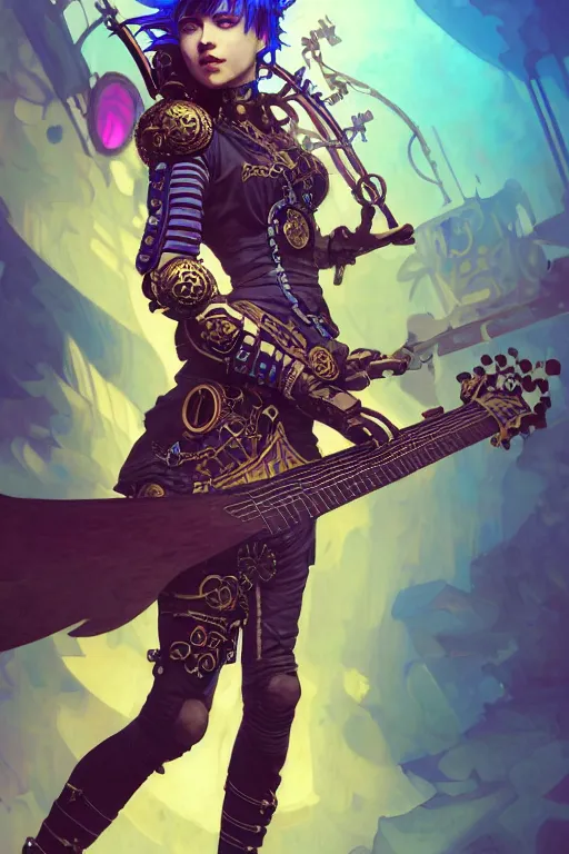 Image similar to full body of a beautiful young steampunk warrior girl playing a strange guitar with blue hair wearing detailed armour, intricate details, pretty face, realistic shaded Perfect face, insane action pose, steampunk, cyberpunk, highly detailed, artstation, illustration by Ilya Kuvshinov and alphonse mucha and Greg Rutkowski, dynamic morning light, fantasy background