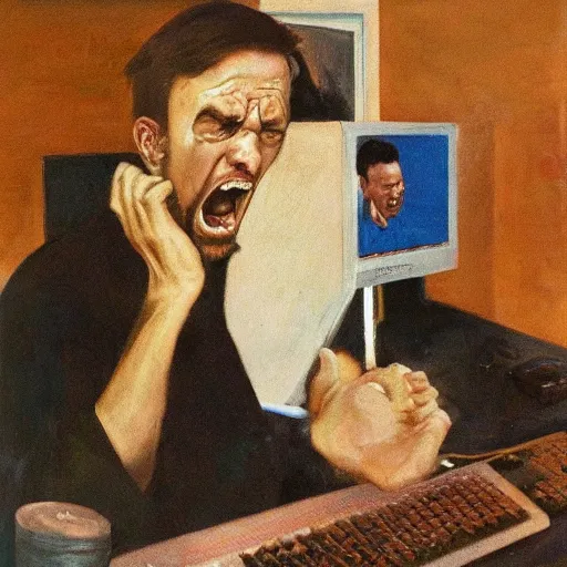 Prompt: an angry man screams at his computer monitor, oil on canvas, 1 9 6 7, highly detailed