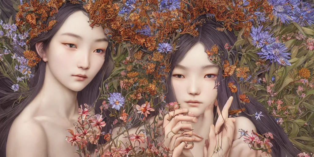 Prompt: breathtaking detailed concept art painting of the goddesses of cornflower flowers, orthodox saint, with anxious, piercing eyes, ornate background, amalgamation of leaves and flowers, by Hsiao-Ron Cheng, James jean, Miho Hirano, Hayao Miyazaki, extremely moody lighting, 8K