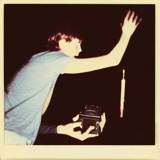 Image similar to A teenager summoning a demon, 1980s Polaroid photo-journalism flash photography