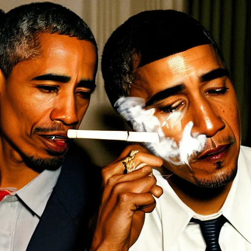 Prompt: a photograph of tupac and barack obama smoking a joint together at the white house in 2 0 0 8, 4 k