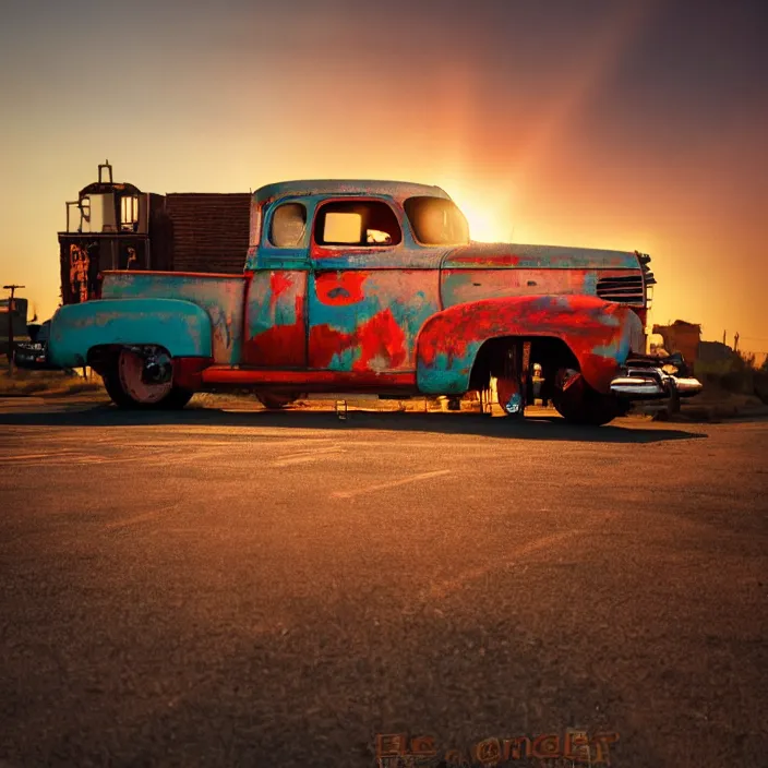 Image similar to a sunset light landscape with historical route 6 6, lots of sparkling details and sun ray ’ s, blinding backlight, smoke, volumetric lighting, colorful, octane, 3 5 mm, abandoned gas station, old rusty pickup - truck, beautiful epic colored reflections, very colorful heavenly, softlight