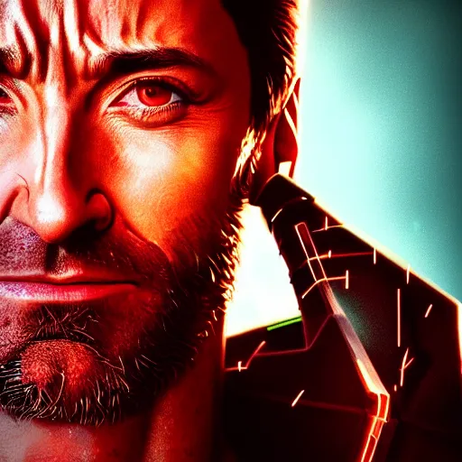 Image similar to hugh jackman portrait, cyberpunk 2 0 7 7, photorealistic, ultra detailed, neon, octane rendered, bokeh, cinematic lighting, cyber, cyberpunk city, studio quality, feature, scars, cyberface, 8 k