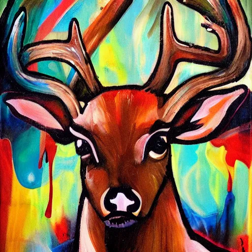 Image similar to deer smoking a cigarette, stylized, artistic, expressive, contrasting colors, rule of thirds, dripping paint, thick strokes