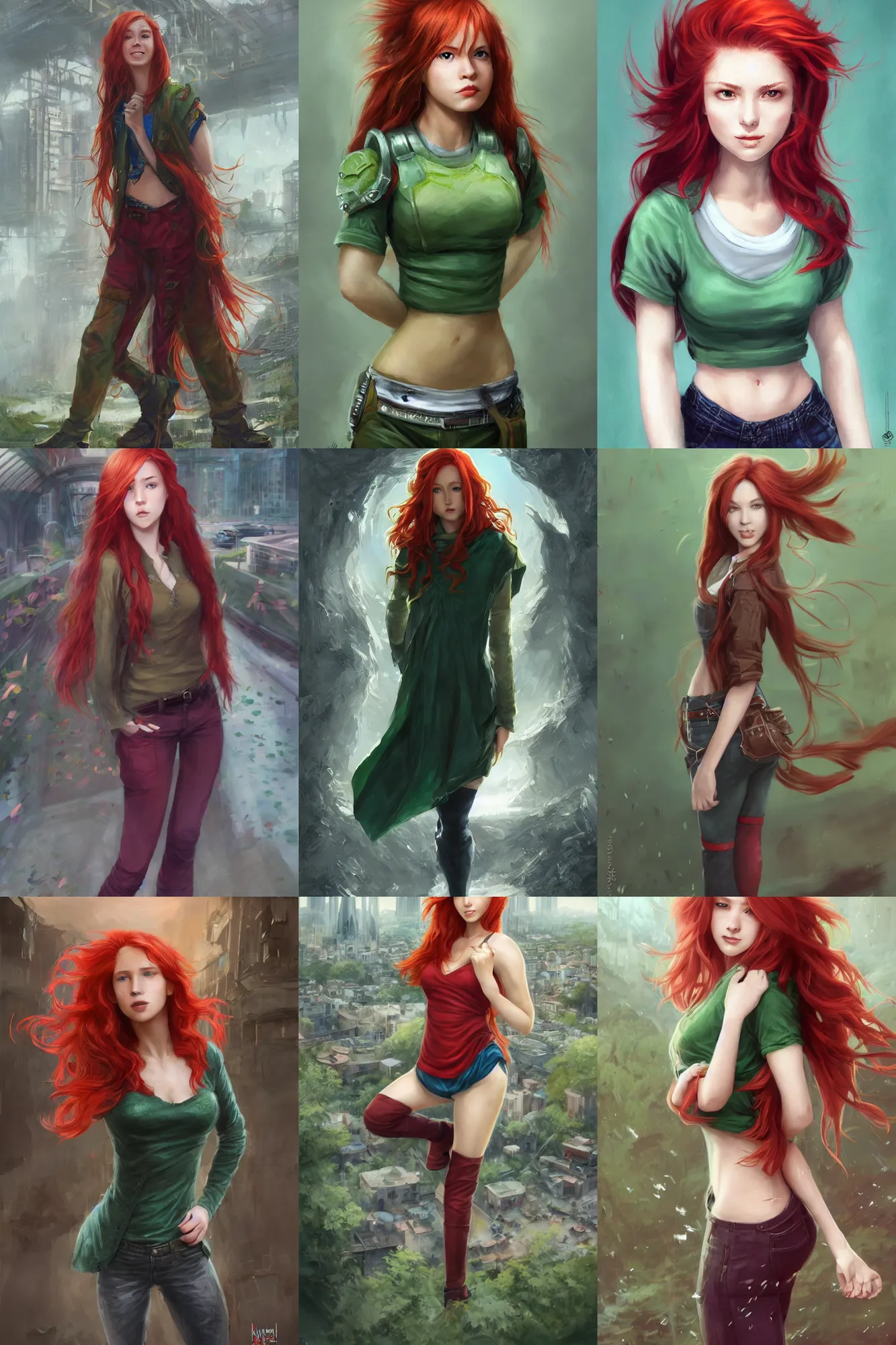 Image similar to beautiful cute red haired joyful and playful nineteen year old maiden standing up in casual green clothing, long hair, modern city, rpg character, sci - fi, fantasy, intricate, elegant, digital painting, artstation, concept art, smooth, 8 k frostbite 3 engine, ultra detailed, art by artgerm and greg rutkowski and magali villeneuve