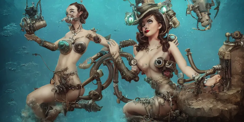 Image similar to digital art, trending on artstation, pin ups in an underwater steam punk world