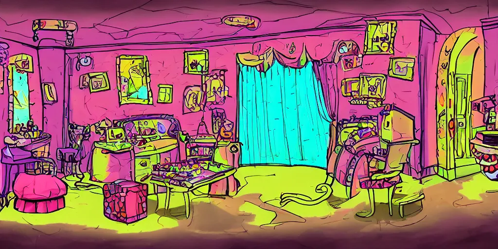 Image similar to a dimly lit, colorful, theater dressing room, made of candy, day of the tentacle style, drawn by Peter Chan