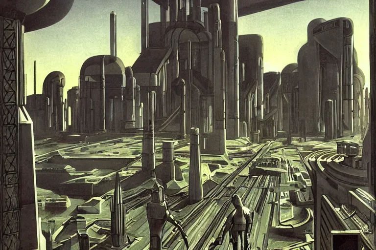 Image similar to cyborgs wander cybernetic architecture alien scifi landscape concept art by giorgio de chirico