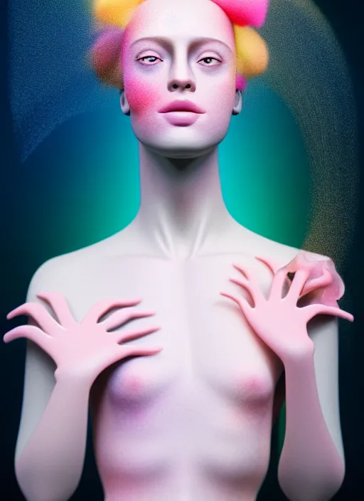 Prompt: Kodak Portra 400, 8K, soft light, volumetric lighting, highly detailed, fine art portrait photography in style of Giovanni Gastel , britt marling style 3/4 face morphing with soft pastel colors tropical fishes, metamorphosis complex 3d render, 150 mm lens, soft blur background, bust with intricate details, elegant, hyper realistic, ultra detailed, octane render, etheric, outworldly colours, emotionally evoking, head in focus, fantasy, ornamental, intricate, elegant, 8K, soft light, volumetric underwater lighting, highly detailed, Refined, Highly Detailed, soft lighting colors scheme, fine art photography, Hyper realistic, photo realistic