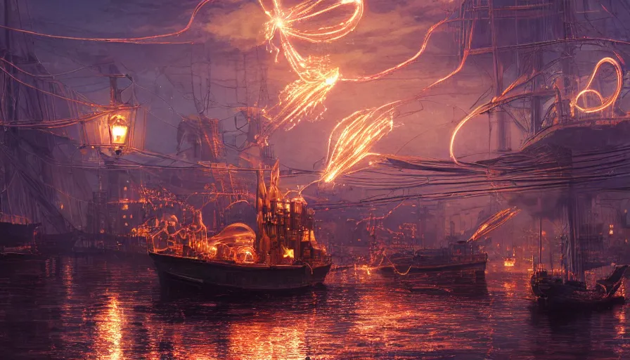 Image similar to A highly detailed matte painting of a glowing electrical Steampunk boat, steam and sparks, copper wires, victorian, by Studio Ghibli, Makoto Shinkai, by Artgerm, by WLOP, by Greg Rutkowski, volumetric lighting, octane render, 4K resolution, trending on artstation, masterpiece