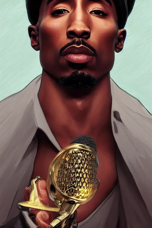 Image similar to beautiful cottagecore male tupac holding a microphone. intricate, elegant. highly detailed, digital painting, artstation, concept art, smooth, sharp, focus, illustration. . art by artgerm and greg rutkowski and alphonse mucha