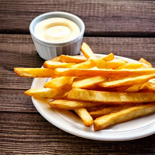 Image similar to the most delicious portion of french fries with mayo on the side, on a wooden table, close - up, photography