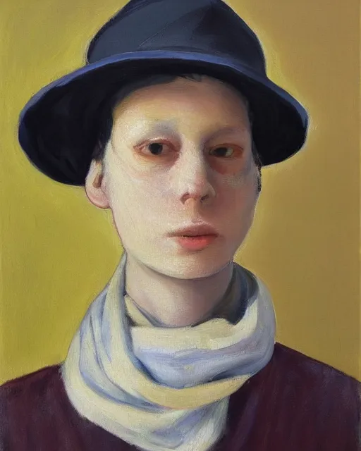 Prompt: a painting of a person wearing a hat and scarf, an oil on canvas painting by Luc Tuymans, featured on reddit, synthetism, oil on canvas, academic art, art on instagram