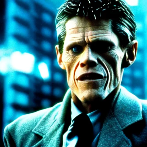 Image similar to william dafoe starring in a cyberpunk story in a distopic futuristic city in the style of bladerunner, movie still, highly detailed