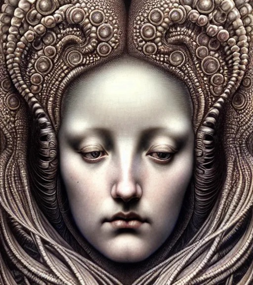 Image similar to detailed realistic beautiful pearl goddess face portrait by jean delville, gustave dore, iris van herpen and marco mazzoni, art forms of nature by ernst haeckel, art nouveau, symbolist, visionary, gothic, neo - gothic, pre - raphaelite, fractal lace, intricate alien botanicals, ai biodiversity, surreality, hyperdetailed ultrasharp octane render