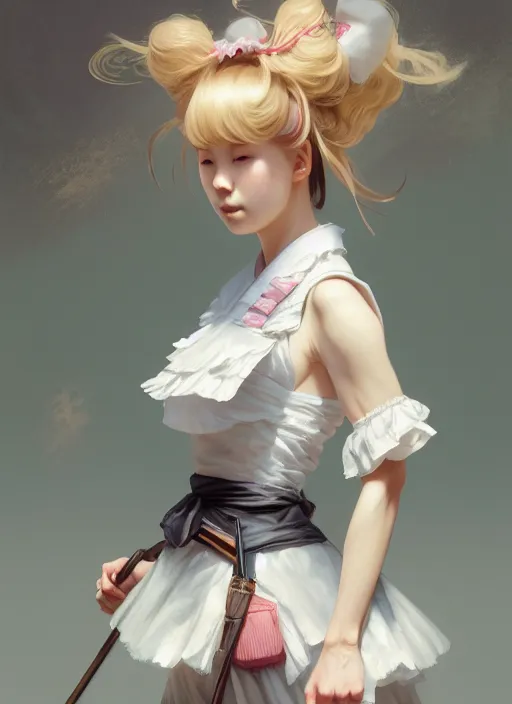 Prompt: symmetry!! portrait of a pretty japanese girl with blonde hair dressed as a french maid skateboarding, elegant, highly detailed, digital painting, 8 k, concept art, smooth, sharp focus, illustration, ethereal, misty, octane render, by ruan jia and greg rutkowski and alphonse mucha