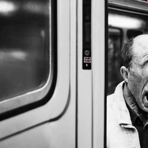 Prompt: a very very confused and scared man riding a suburban train for the first time, 8 5 mm photograph