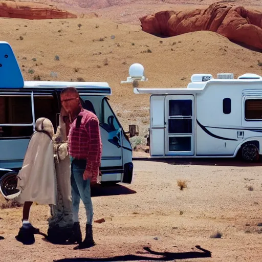 Image similar to walter white and jessie pinkman cooking meth in their rv in the desert,