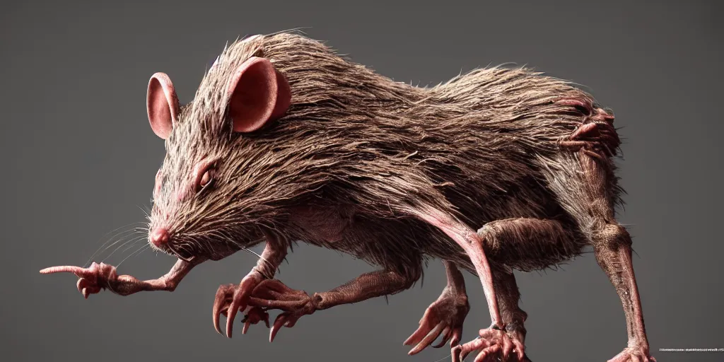 Prompt: a highly detailed photographic render of a humanoid rat creature, rat man, horror sci-fi, horro science fiction, biology, horror, beautifully lit, ray traced, octane 3D render, octane render, unreal engine