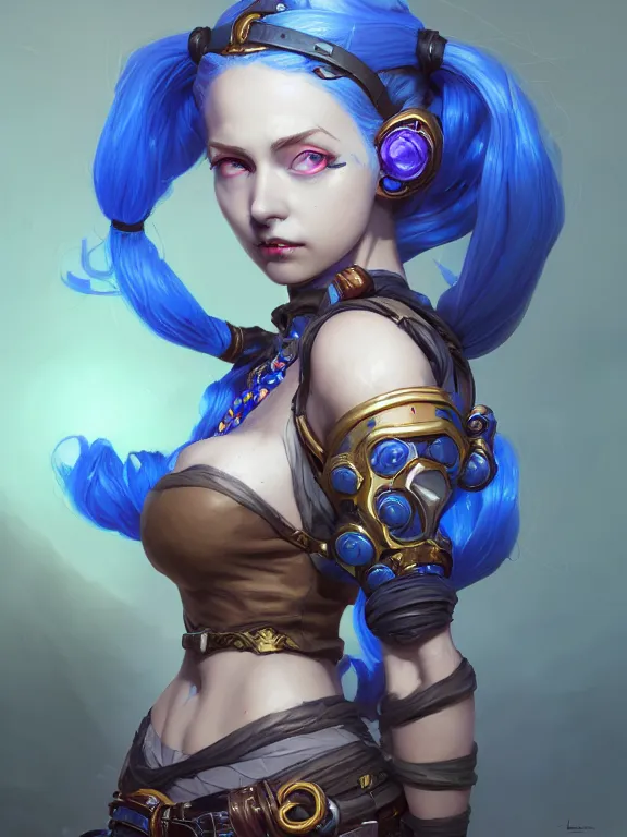 Prompt: a League of Legends FAN ART Portrait of JINX The Loose Cannon, blue hair, long pigtail, intricate, elegant, highly detailed, digital painting, concept art, smooth, sharp focus, illustration, by Laurie Greasley,Lawrence Alma-Tadema,Dan Mumford,artstation,deviantart,Unreal Engine,face enhance,8K,golden ratio,cinematic lighting