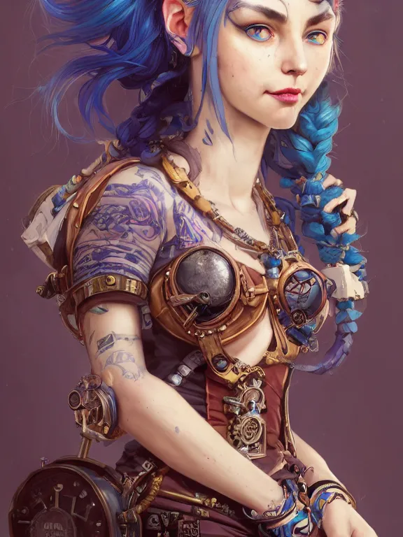 Prompt: a League of Legends FAN ART Portrait of crazy JINX , blue hair, long pigtail, steampunk,neuroticism,intricate, elegant, highly detailed, digital painting, concept art, smooth, sharp focus, illustration, by Laurie Greasley,Lawrence Alma-Tadema,Dan Mumford,artstation,deviantart,Unreal Engine,face enhance,8K,golden ratio,cinematic lighting