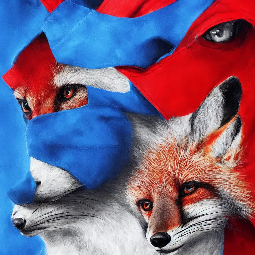 Image similar to a close-up profile shot of a red fox in a blue hoodie on the white background holding a notebook in one paw and typing with another paw, a hacker group badge on the hoodie sleeve, stroke painting, cyberpunk style, digital art picture, highly detailed, artstation