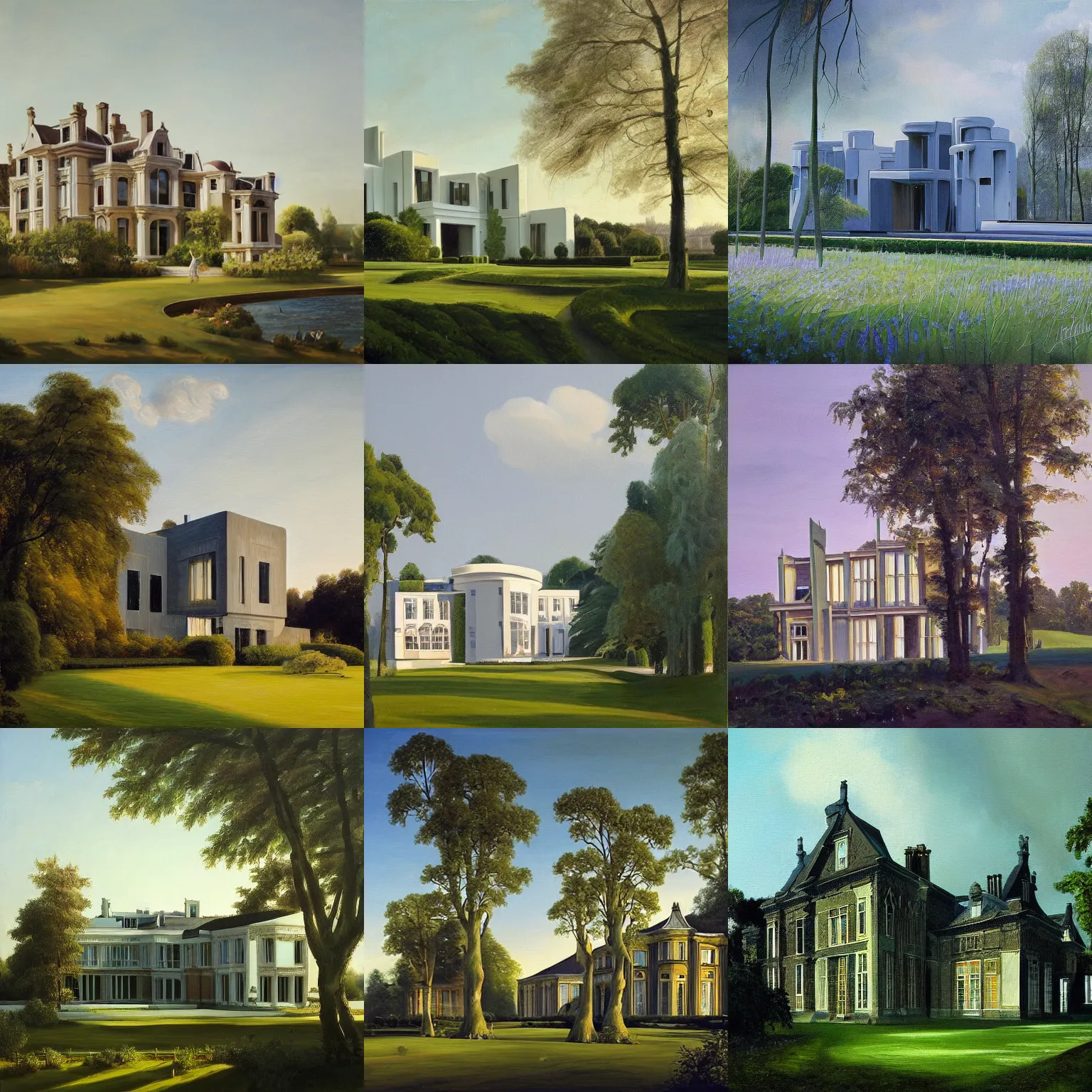 Prompt: a beautiful painting of a mansion designed by zaha hadid, in a serene landscape by jan frans van bloemen