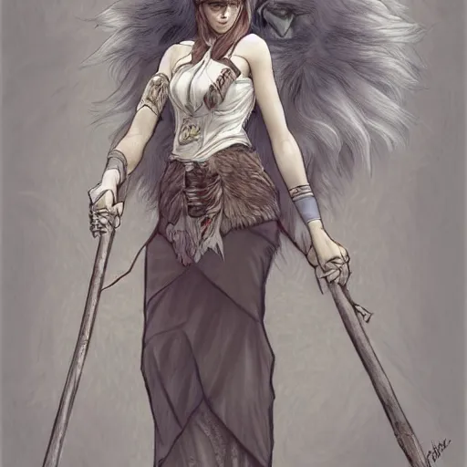 Prompt: detailed picture a woman with gray hear, using dead lion costume jacket, and holding long stick in the style of artgerm and greg rutkowski and alphonse mucha
