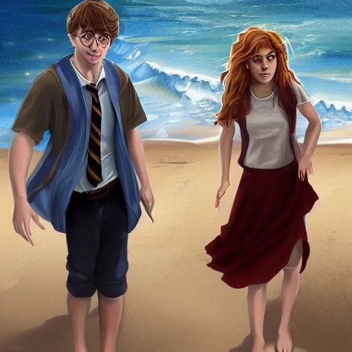 Prompt: Harry Potter Ron and hermione at the beach, digital art, trending on artstation