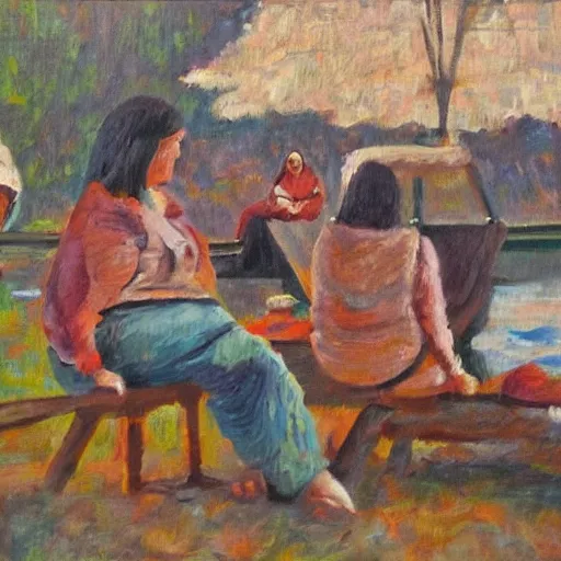 Prompt: the women sat by the river weaving the tapestry of life in and out backwards and forwards, high quality oil painting in the style of paul gaughin , n 4