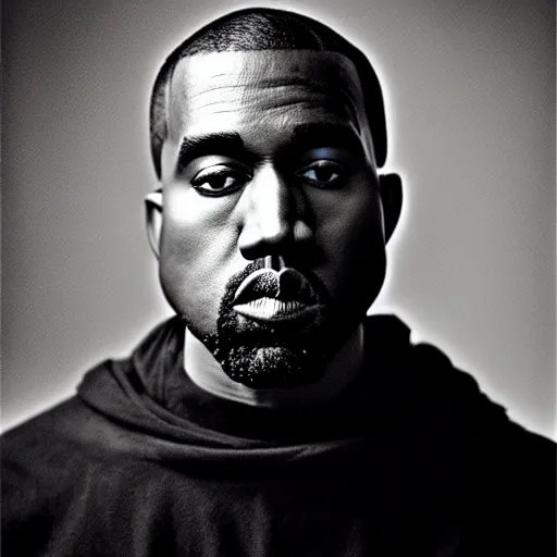 Image similar to a chiaroscuro lighting portrait of kanye west dressed as rick owens, black background, portrait by julia margaret cameron, shallow depth of field, 8 0 mm, f 1. 8