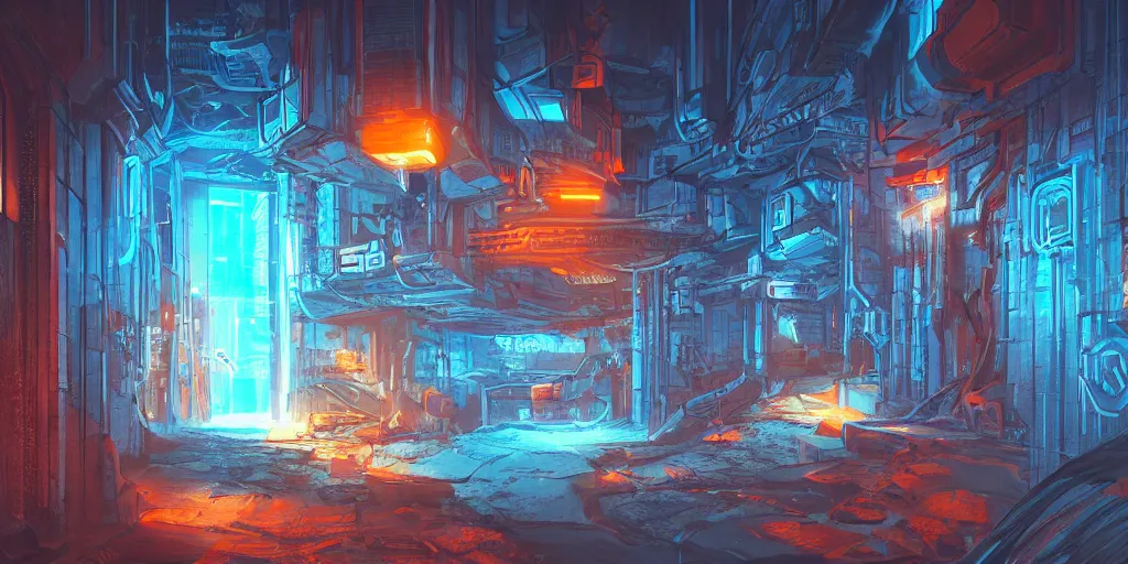 Prompt: cyberpunk dungeon, ancient caves, blue and orange neon lines along the wall, bluestone walls, trending on artstation