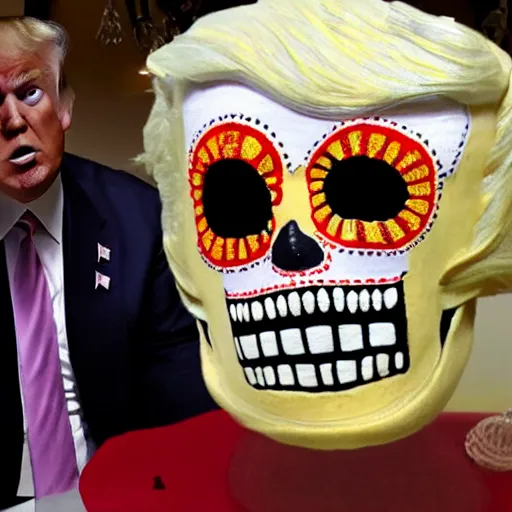 Image similar to donald trump wearing a dia de los muertos mask