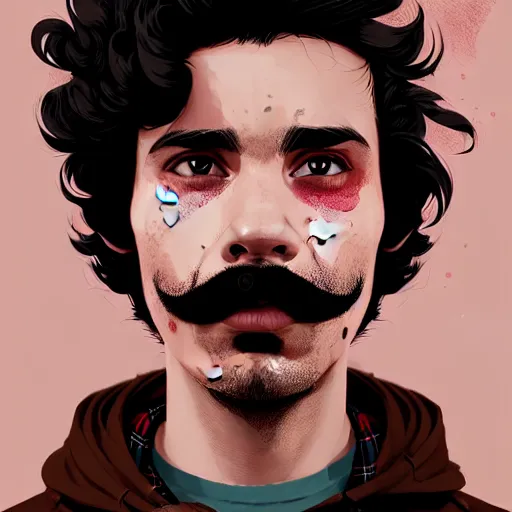 Image similar to highly detailed portrait of a sewer punk guy worker, thirties, black hair, brown eyes, small mustache, tartan hoody, short curly hair by atey ghailan, by greg rutkowski, by greg tocchini, by james gilleard, by joe fenton, by kaethe butcher, gradient pink, brown, light blue and white color scheme,