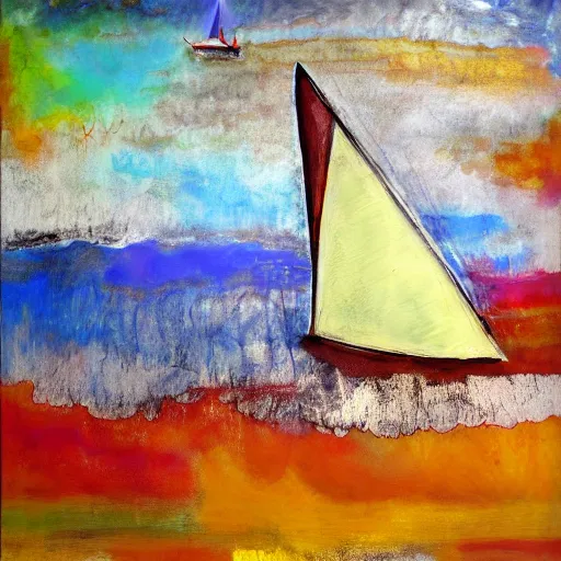 Prompt: a painting of a sailboat floating on a body of water, an abstract painting by ted degrazia, reddit contest winner, lyrical abstraction, mixed media, acrylic art, oil on canvas