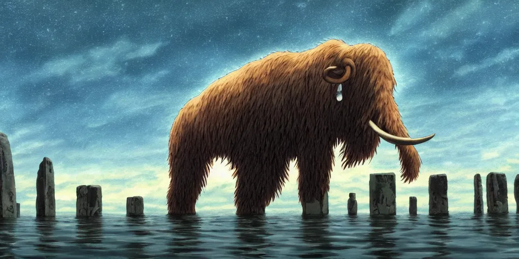 Prompt: a realistic cell - shaded studio ghibli concept art from paprika ( 2 0 0 6 ) of a giant wooly mammoth in a flooded stonehenge easter island on a misty starry night. very dull colors, wide shot, hd, 4 k, hq