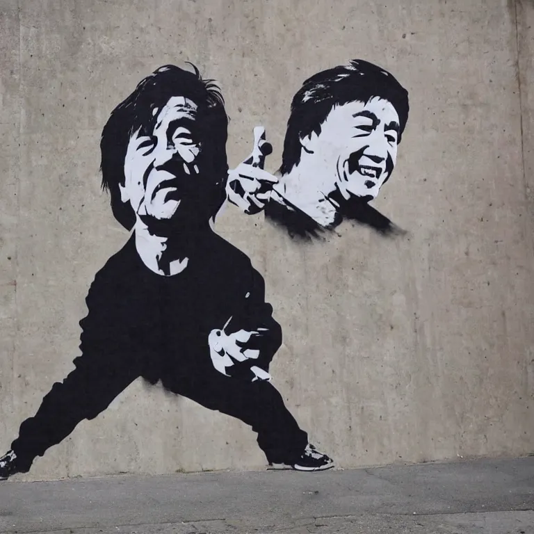 Image similar to Street-art full-body portrait of Jackie Chan in style of Banksy