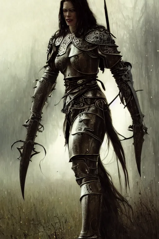 Image similar to liv tyler, warrior, partially clothed in metal battle armor, lord of the rings, tattoos, decorative ornaments, by carl spitzweg, ismail inceoglu, vdragan bibin, hans thoma, greg rutkowski, alexandros pyromallis, perfect face, fine details, realistic shading, photorealism