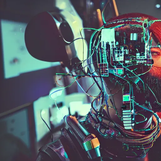 Image similar to Beautiful Photo of Arduino Uno in the robot's head. beard man. Cyberpunk. splatterpunk. 4K