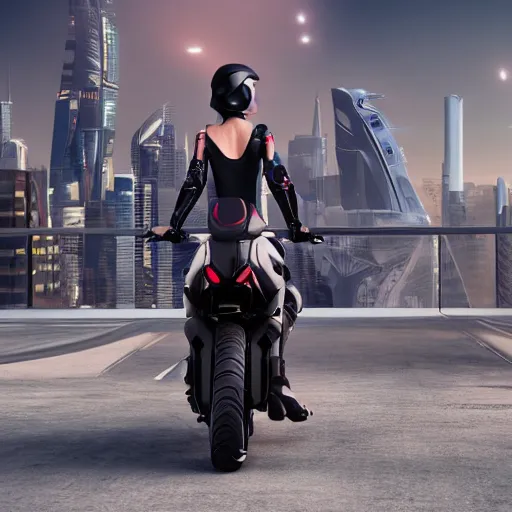 Prompt: futuristic cyborg female rider on a yamaha tw 2 0 0 motorcycle, cityscape, 3 d art, c 4 d, render, 8 k, hd, bladerunner 2 0 4 9