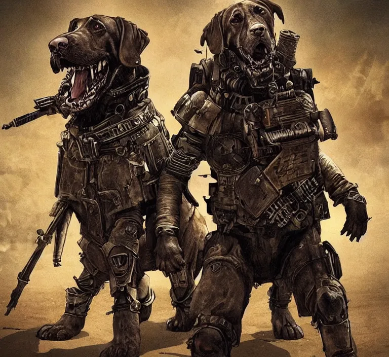 Image similar to a good ol'bloodhound dog fursona ( from the furry fandom ), heavily armed and armored facing down armageddon in a dark and gritty version from the makers of mad max : fury road. witness me.