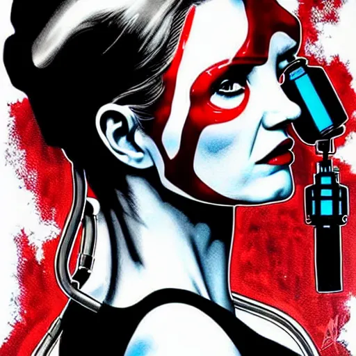 Image similar to a profile photo of a jessica chastain woman with a diving oxygen mask with side profile blood in ocean intricate details by MARVEL comics and Sandra Chevrier-C