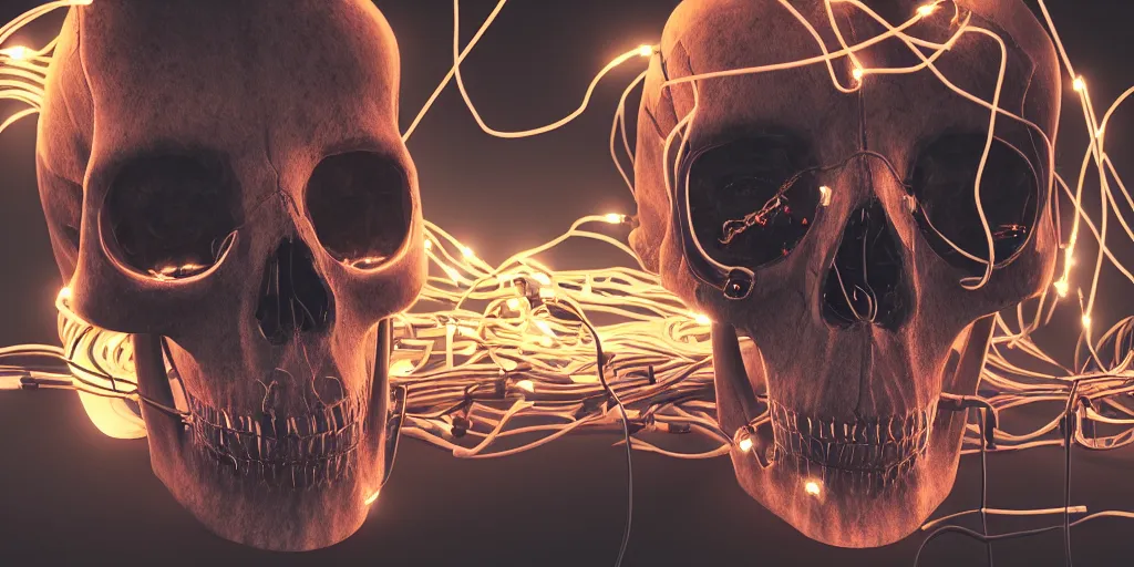 Image similar to a photorealistic cyberpunk skull with electronic wires and cables coming out of it, eyes lighting up with LED lights, in a seedy cellar lab, vaporwave, scifi, trending on artstation, 4K, cinematic, epic lighting, UHD, HDR