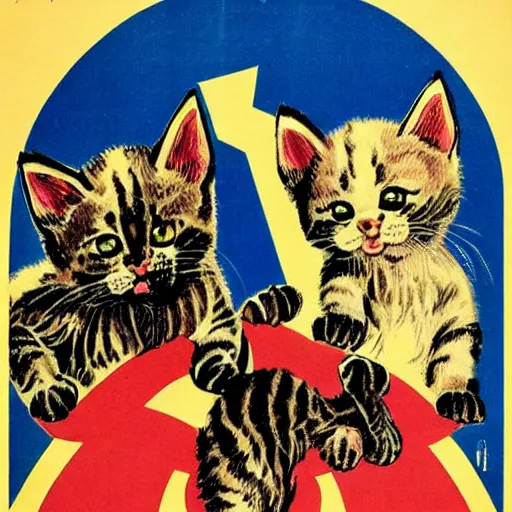 Prompt: a german propaganda poster cute kittens fighting in world war 3, ww 3, dystopian future, communist propaganda