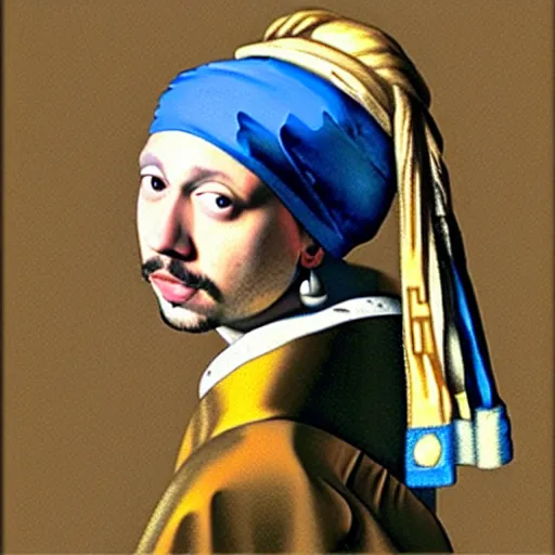 Image similar to Post Malone with a Pearl Earring by Johannes Vermeer, realistic painting