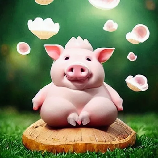 Prompt: “ cute pig meditating like a buddha on top of a giant mushroom ”