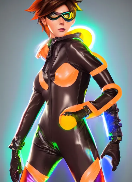 Image similar to portrait bust digital artwork of tracer overwatch, wearing iridescent rainbow latex and leather straps catsuit outfit, expressive face, makeup, in style of mark arian, angel wings, wearing detailed leather collar, chains, black leather harness, detailed face and eyes,