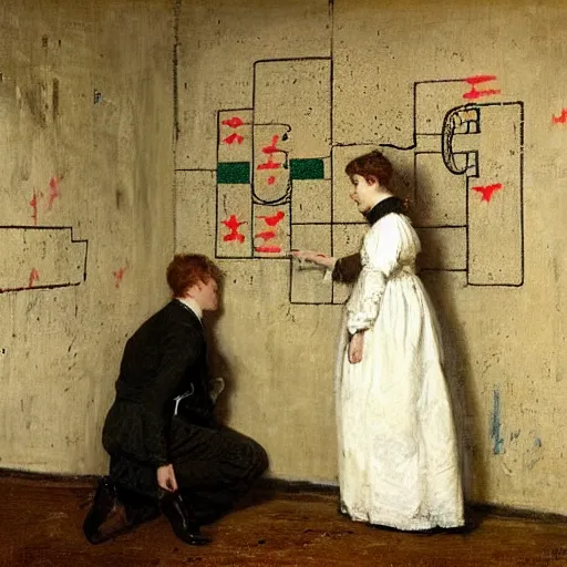 Image similar to a young man and a young woman solving an escape room puzzle, mysterious markings on the wall, by alfred stevens