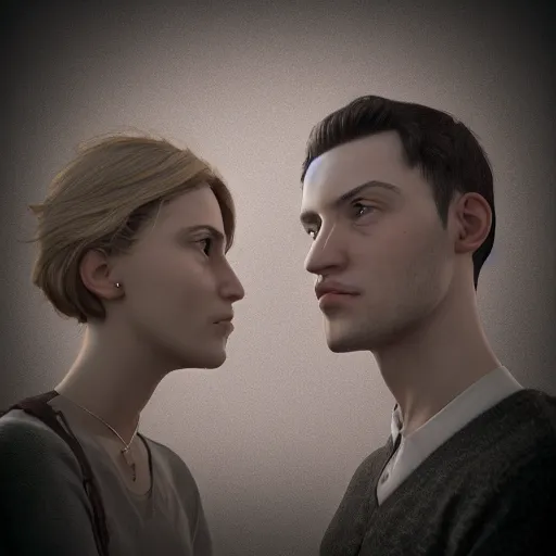 Image similar to perfectly centered symmetrical split male and female portrait of man and woman in love sharing one heart ; 3 d render by lilia alvarado, photorealistic, highly detailed ; octane ; unreal engine ; trending on artstation